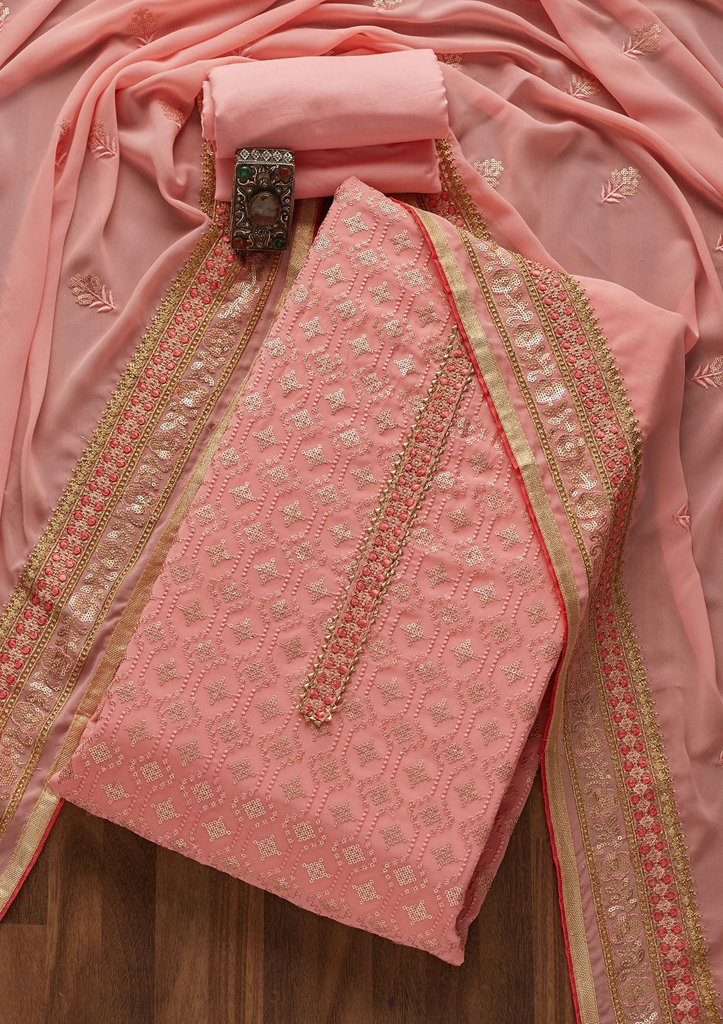Pink Sequins Georgette Semi-Stitched Salwar Suit