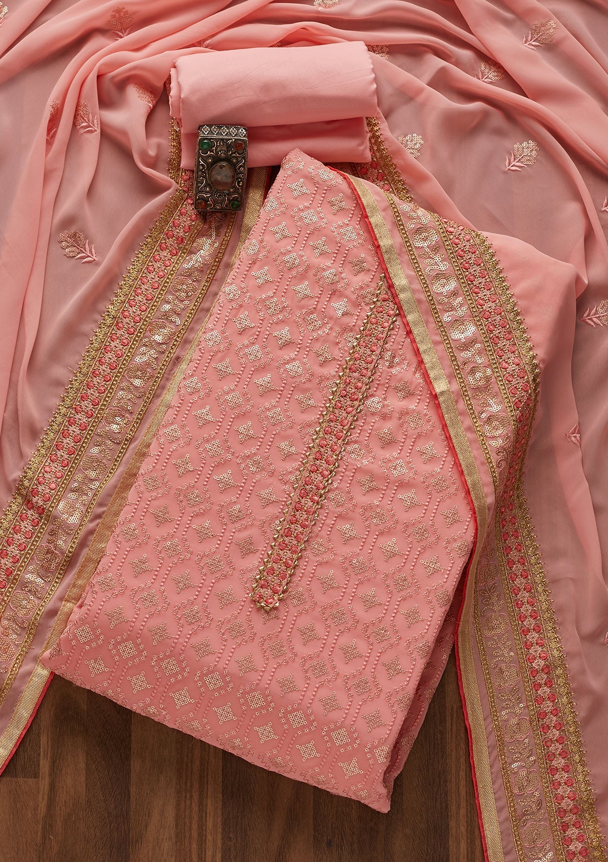 Pink Sequins Georgette Semi-Stitched Salwar Suit