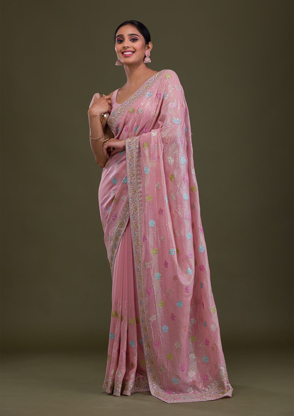 Pink Sequins Georgette Saree