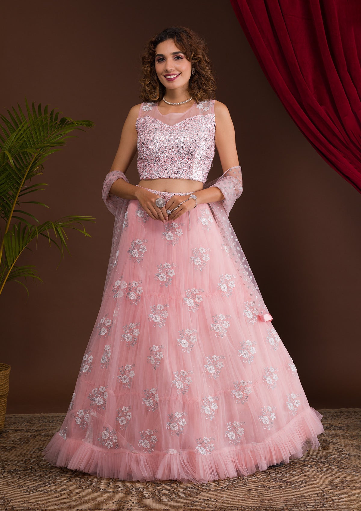 Pink Sequins Net Readymade Lehenga