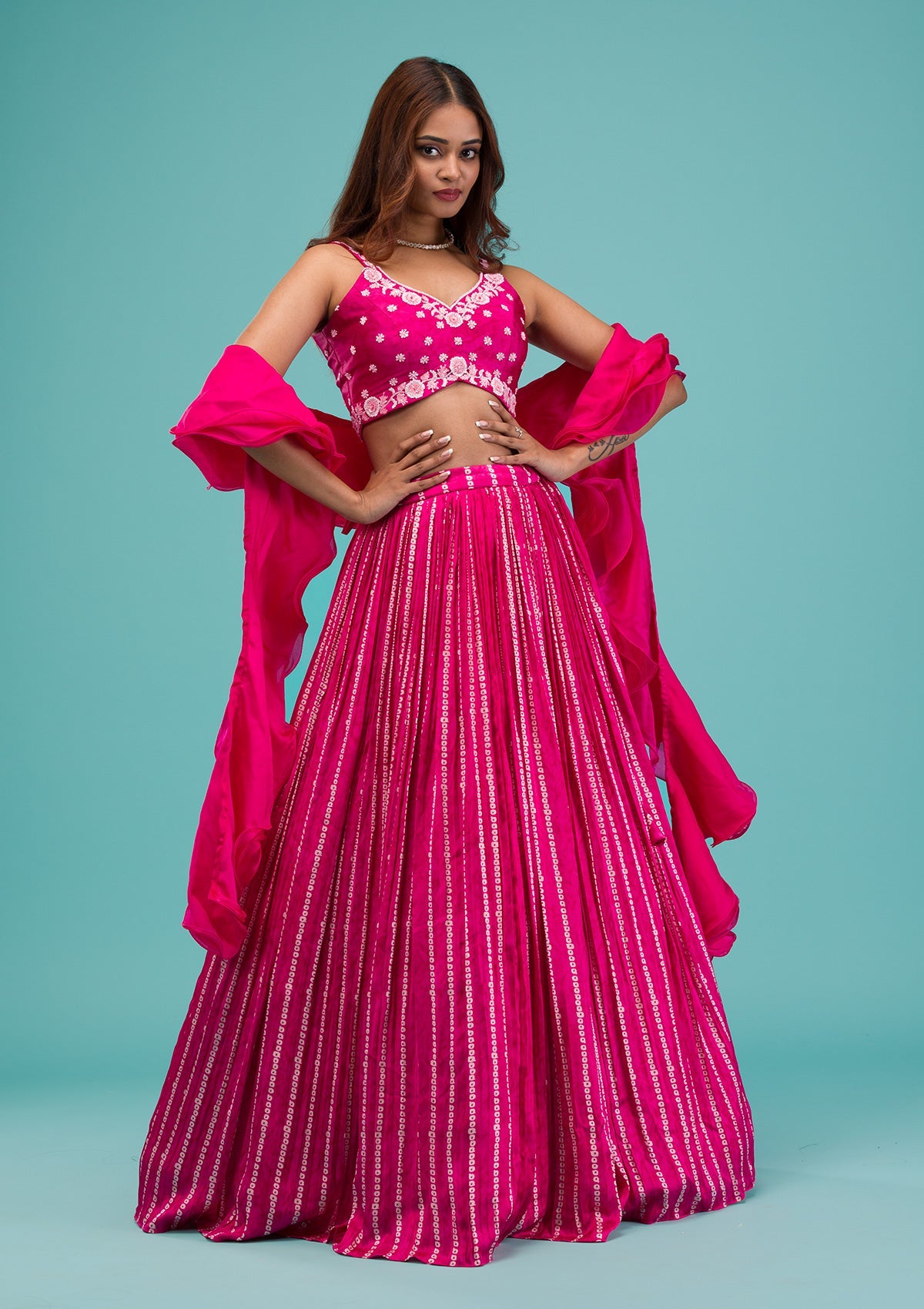 Pink Sequins Satin Readymade Lehenga