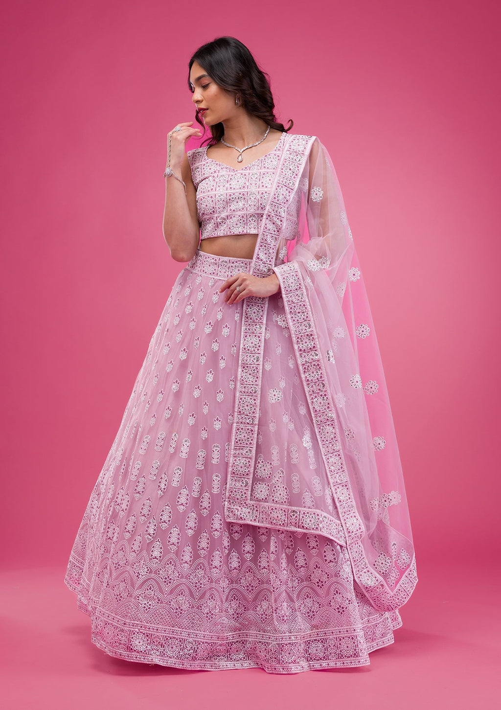 Pink Print Net Readymade Lehenga