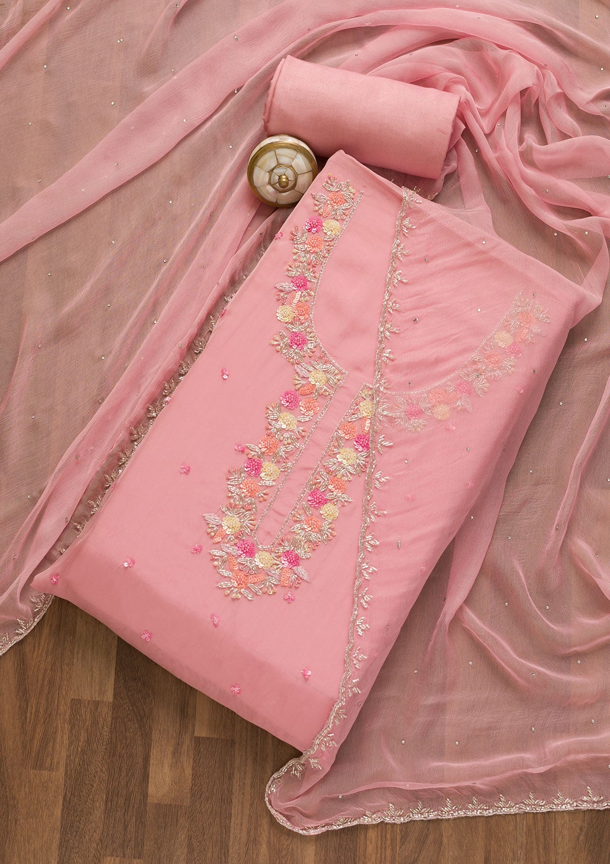 Pink Sequins Organza Unstitched Salwar Suit