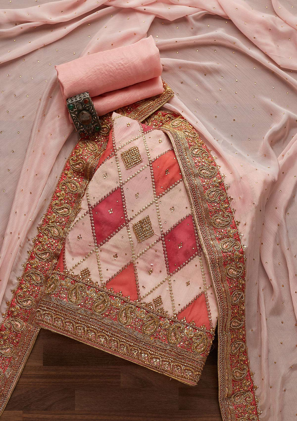 Pink Stonework Semi Crepe Unstitched Salwar Suit