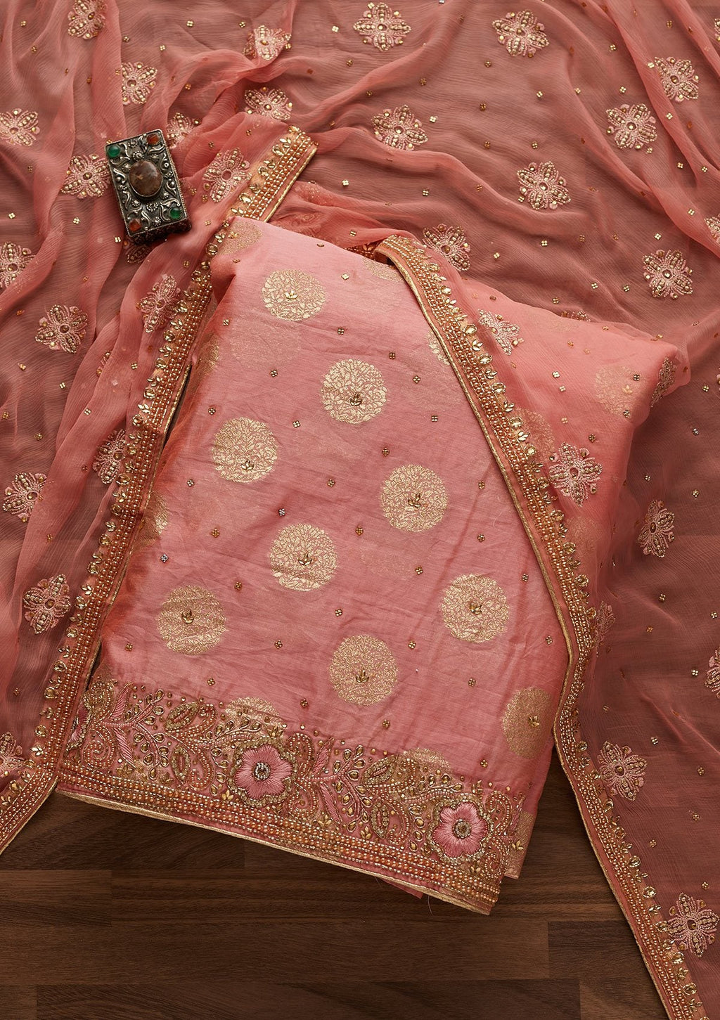 Pink Stonework Chanderi Unstitched Salwar Suit