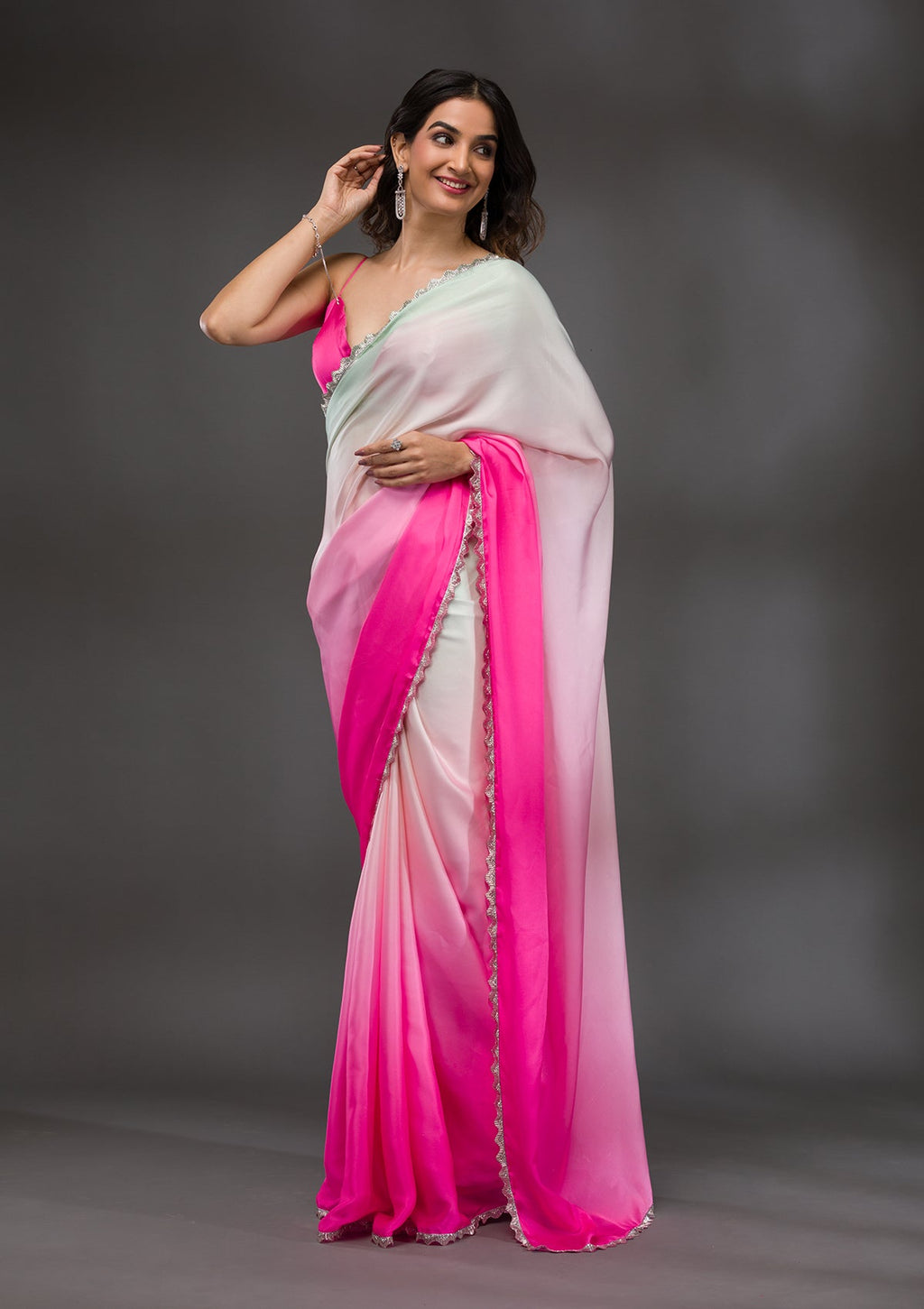 Pink Ombre Stonework Satin Bollywood Saree