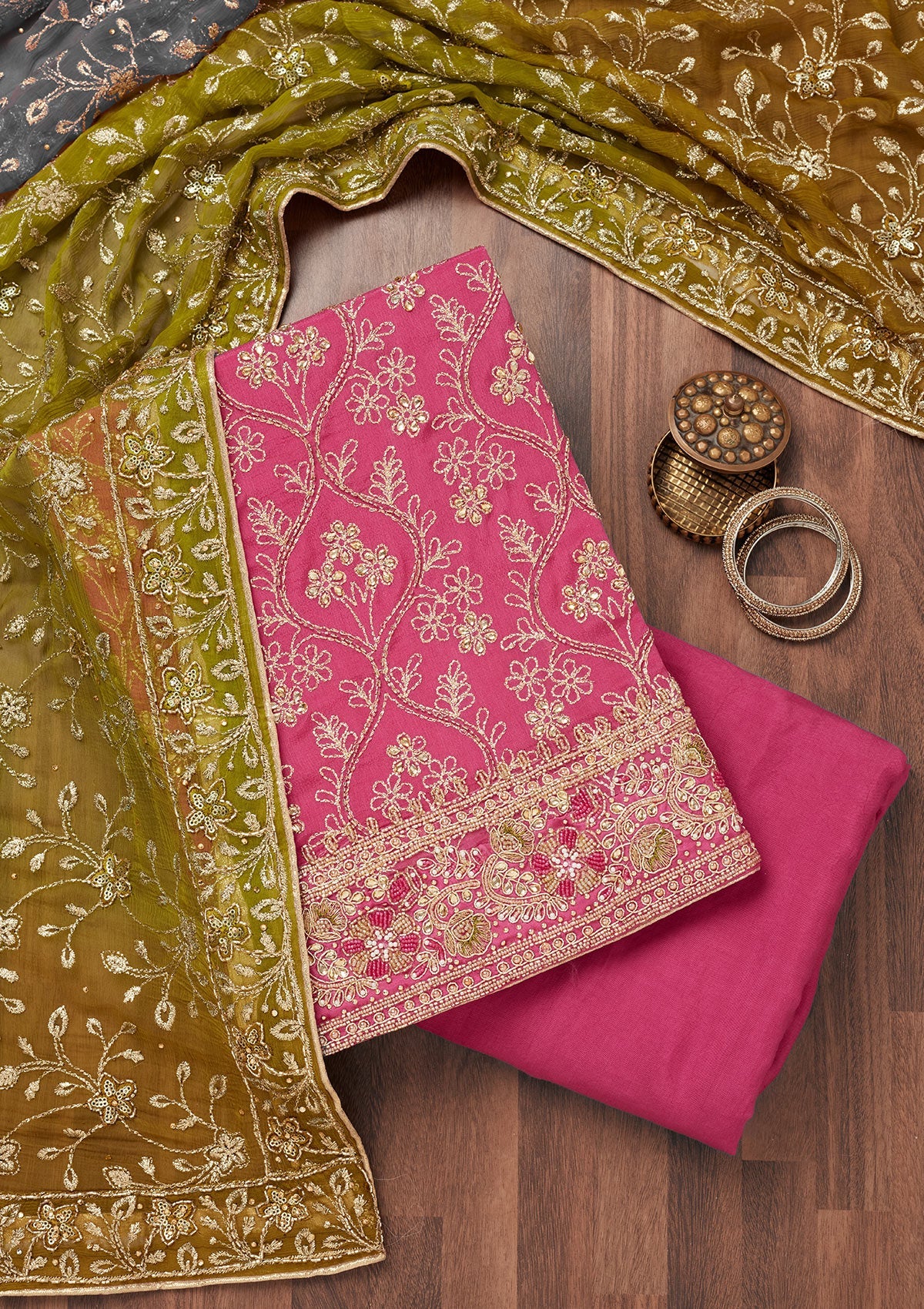 Pink Stonework Semi Crepe Unstitched Salwar Suit