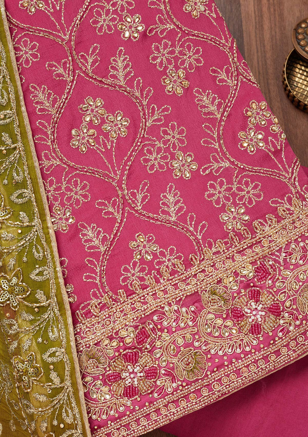 Pink Stonework Semi Crepe Unstitched Salwar Suit
