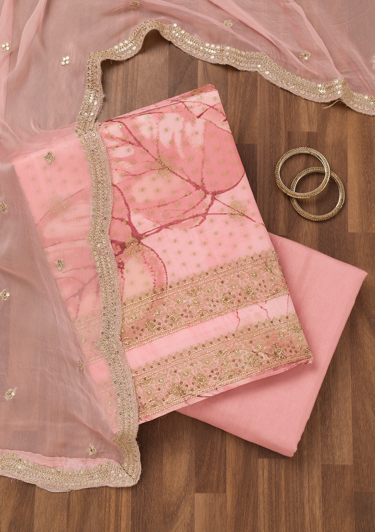 Pink Stonework Semi Crepe Unstitched Salwar Suit