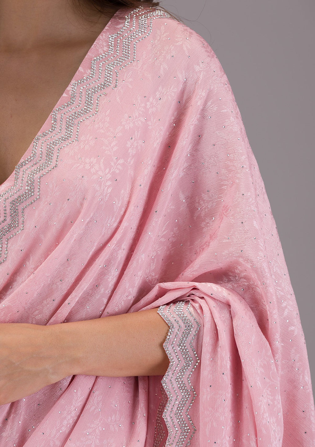 Pink Stonework Semi Crepe Saree