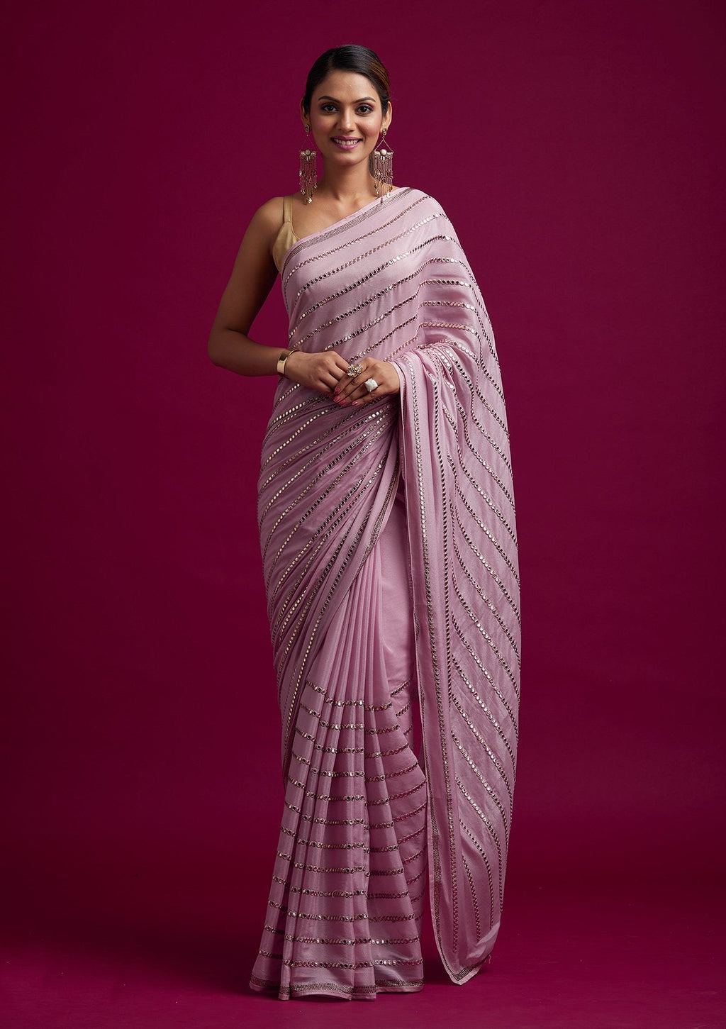 Pink Mirrorwork Georgette Designer Saree