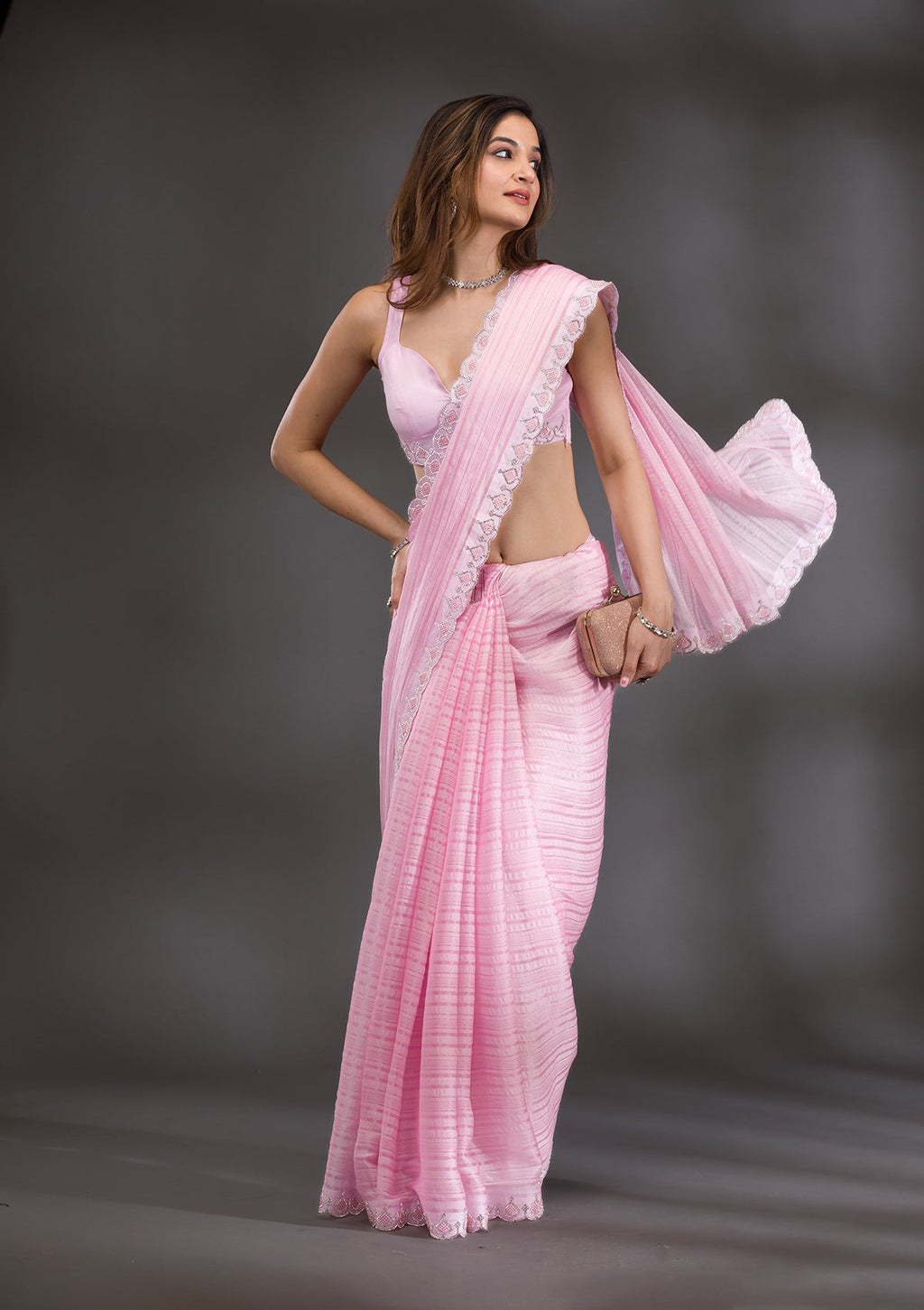 Pink Swarovski Georgette Saree