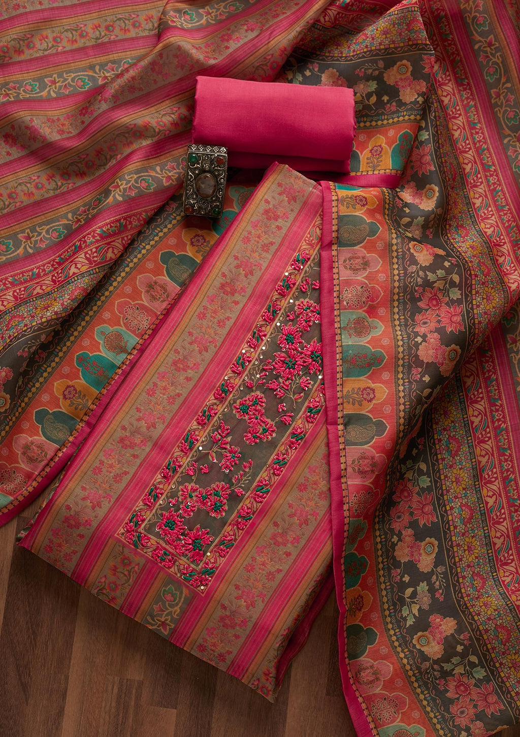 Pink Threadwork Chanderi Unstitched Salwar Suit