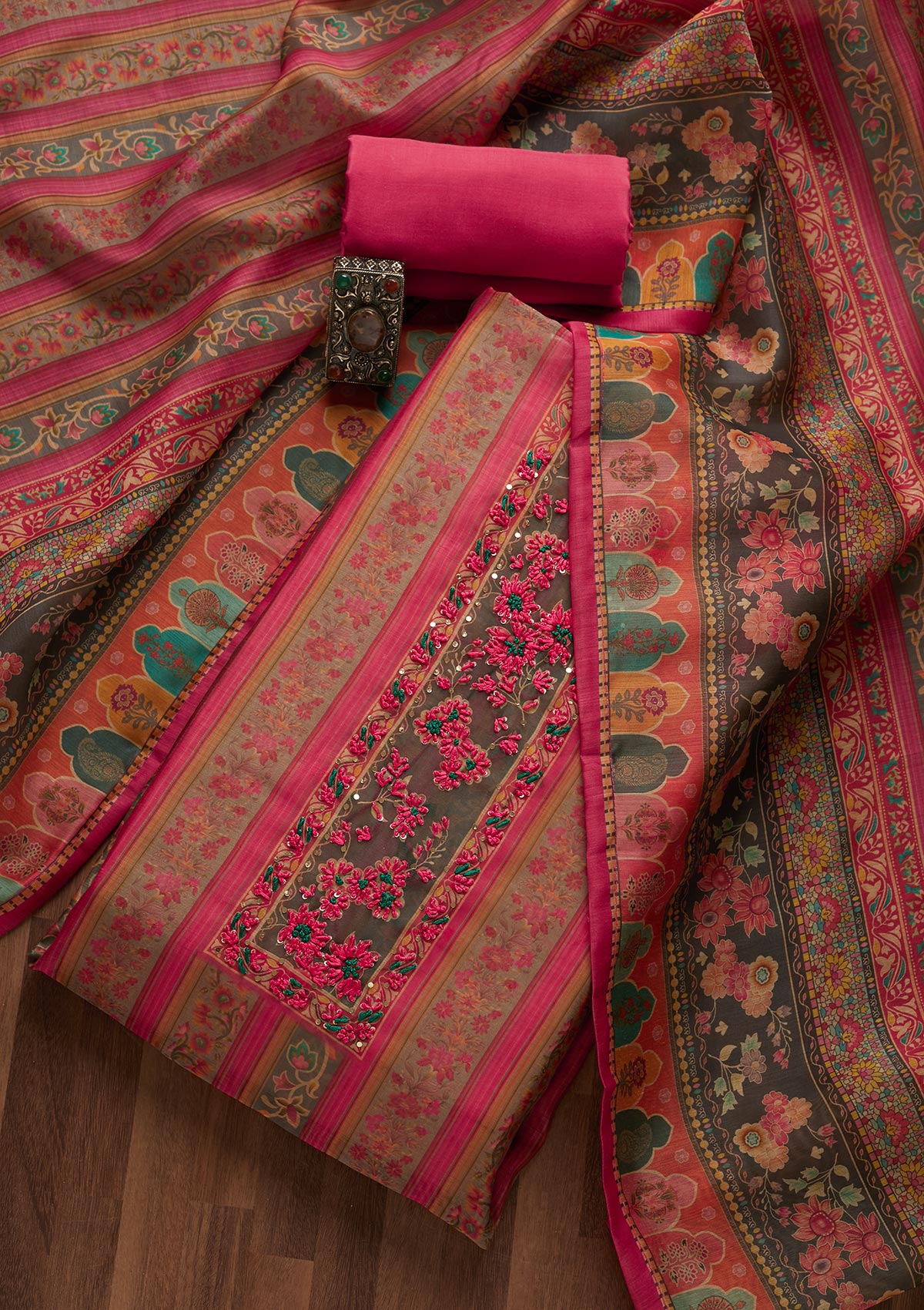 Pink Threadwork Chanderi Unstitched Salwar Suit