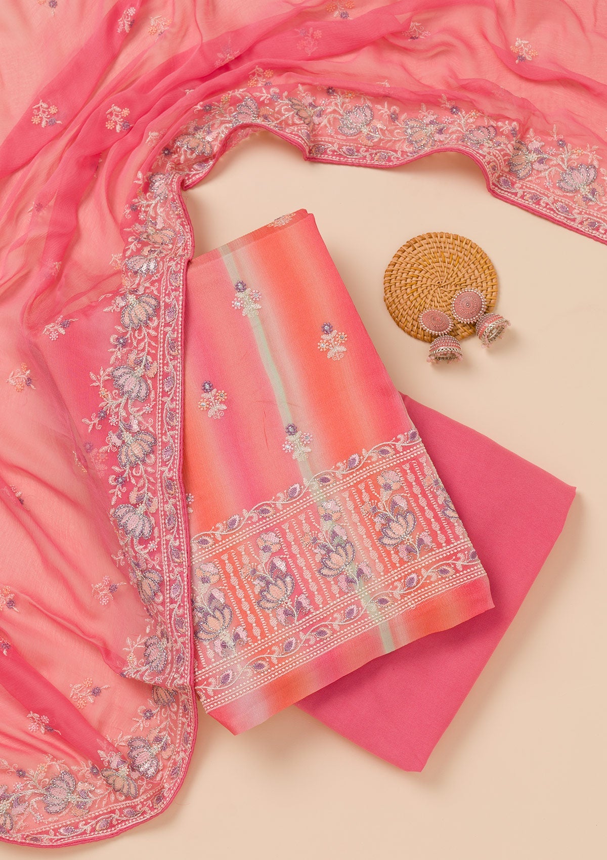 Pink Threadwork Chiffon Unstitched Salwar Suit