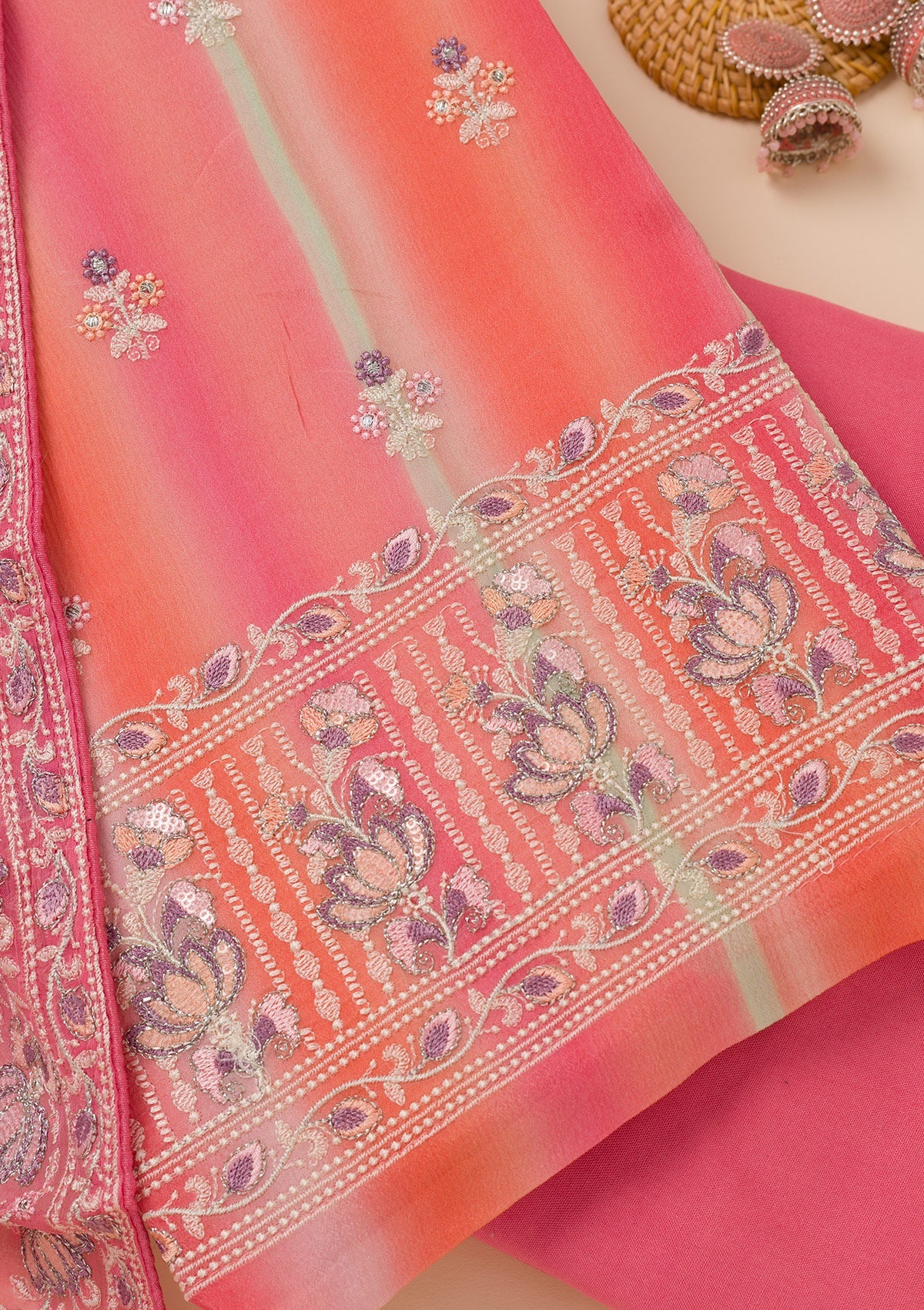 Pink Threadwork Chiffon Unstitched Salwar Suit