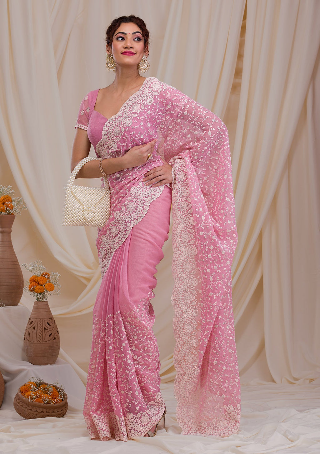 Pink Threadwork Chiffon Saree
