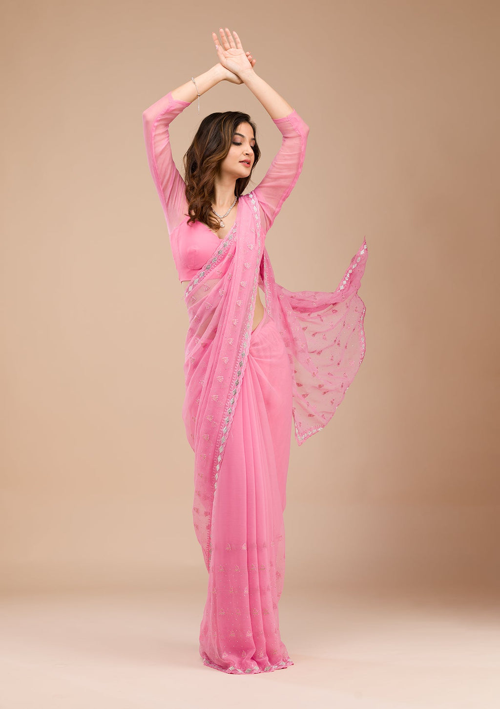 Pink Threadwork Chiffon Saree