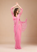 Pink Threadwork Chiffon Saree
