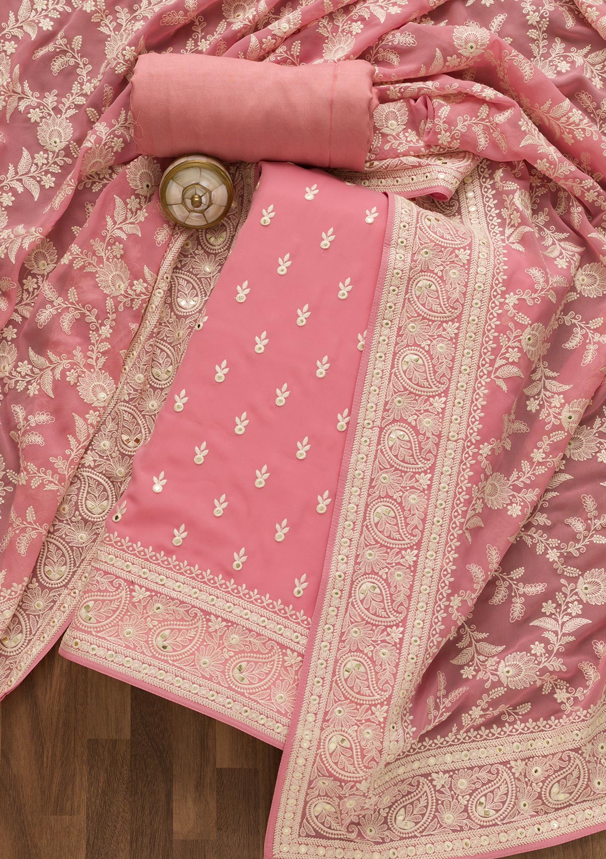 Pink Threadwork Georgette Unstitched Salwar Suit