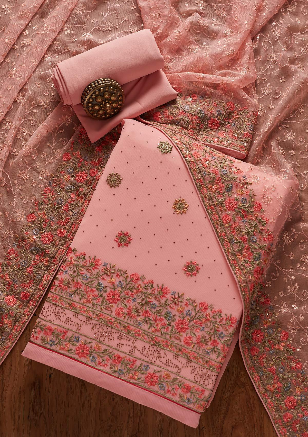 Pink Threadwork Georgette Unstitched Salwar Suit