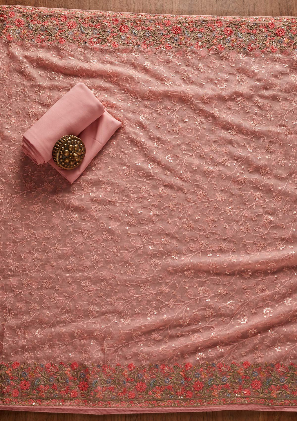 Pink Threadwork Georgette Unstitched Salwar Suit