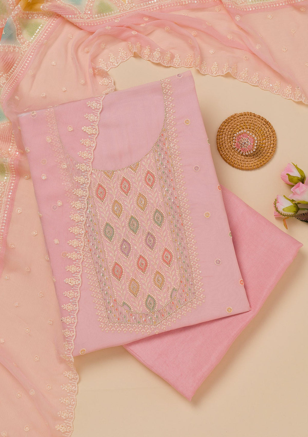 Pink Threadwork Georgette Unstitched Salwar Suit