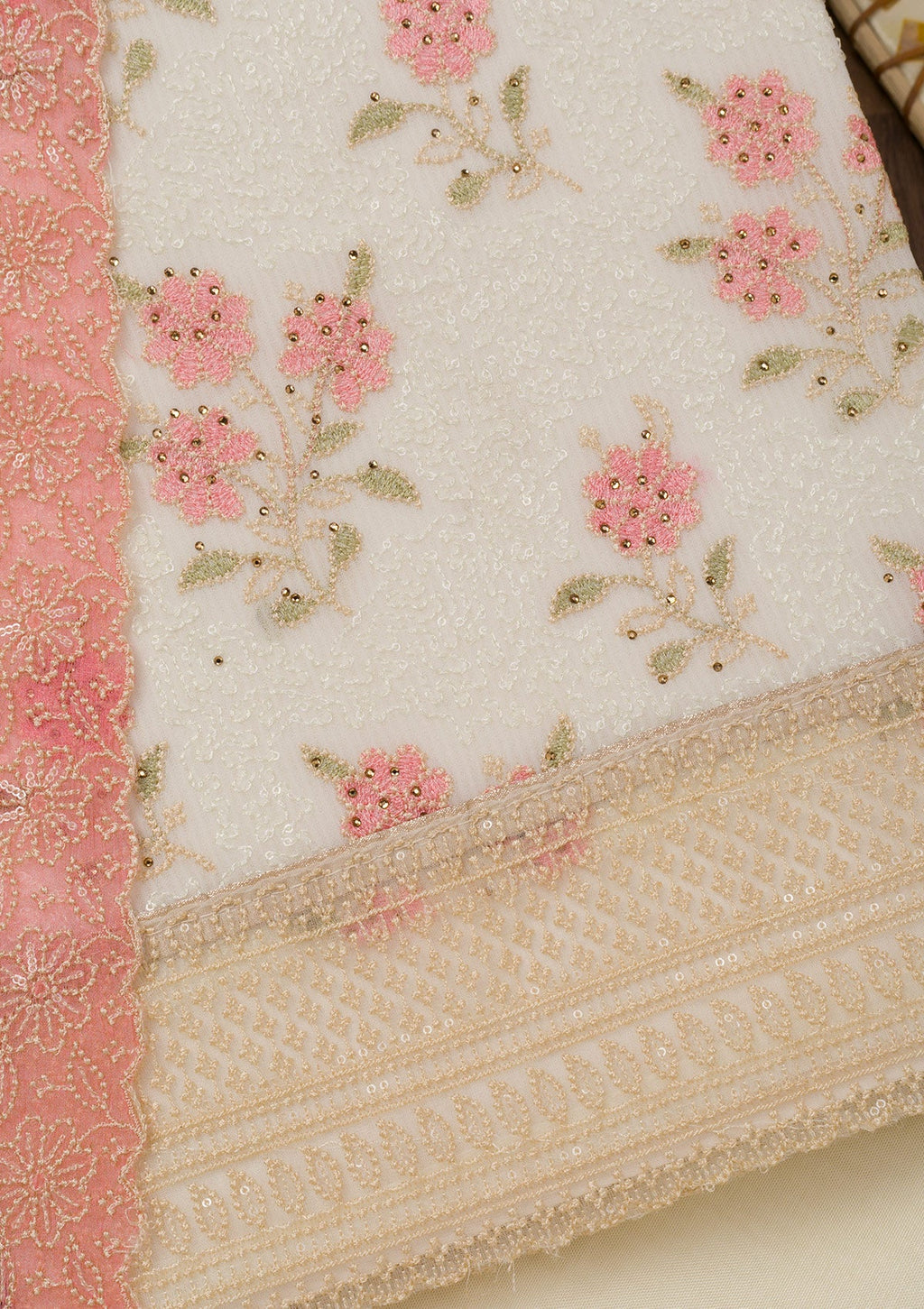 Pink Threadwork Georgette Unstitched Salwar Suit