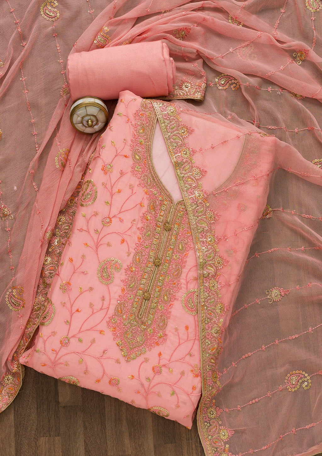 Pink Threadwork Georgette Unstitched Salwar Suit