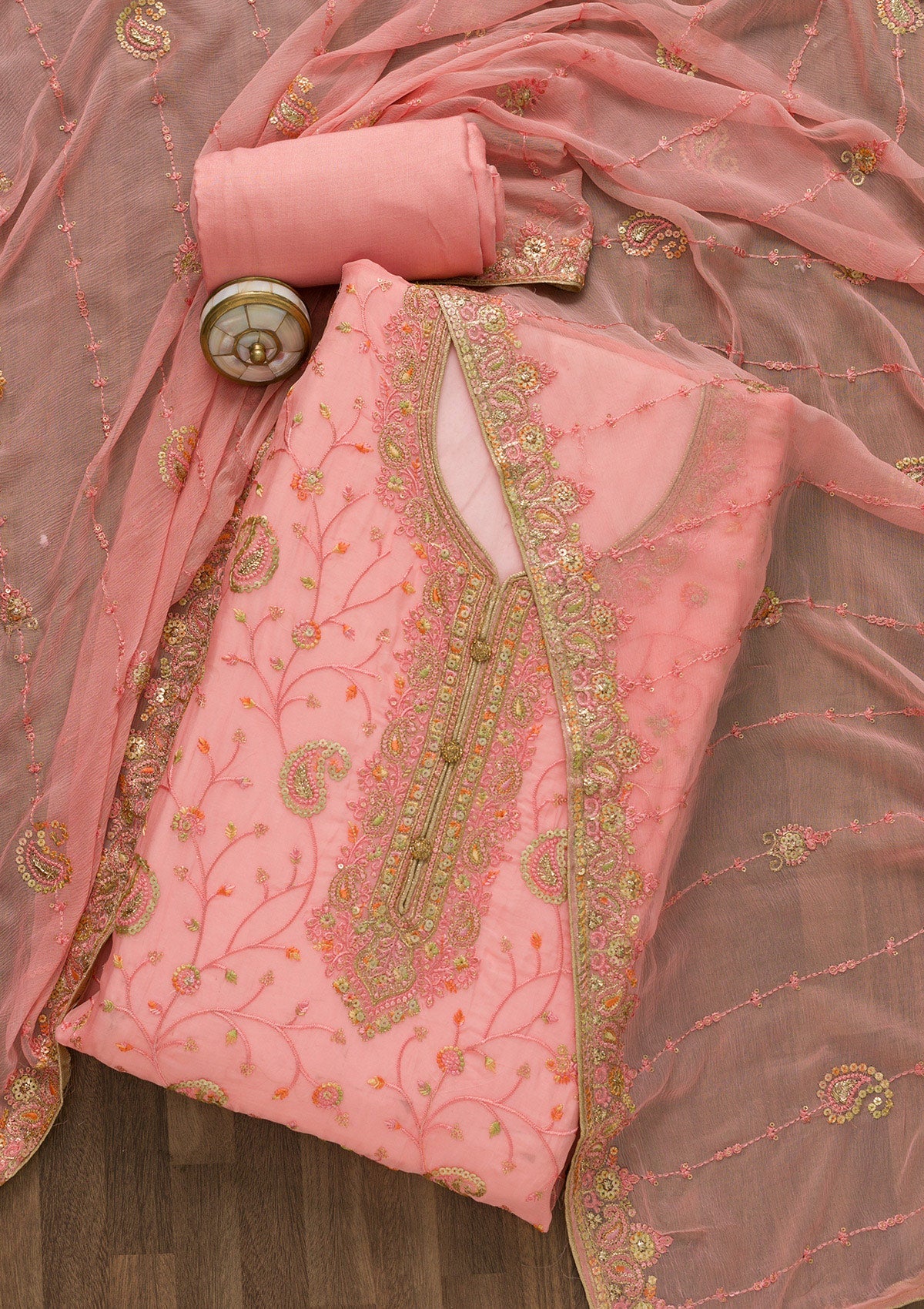 Pink Threadwork Georgette Unstitched Salwar Suit