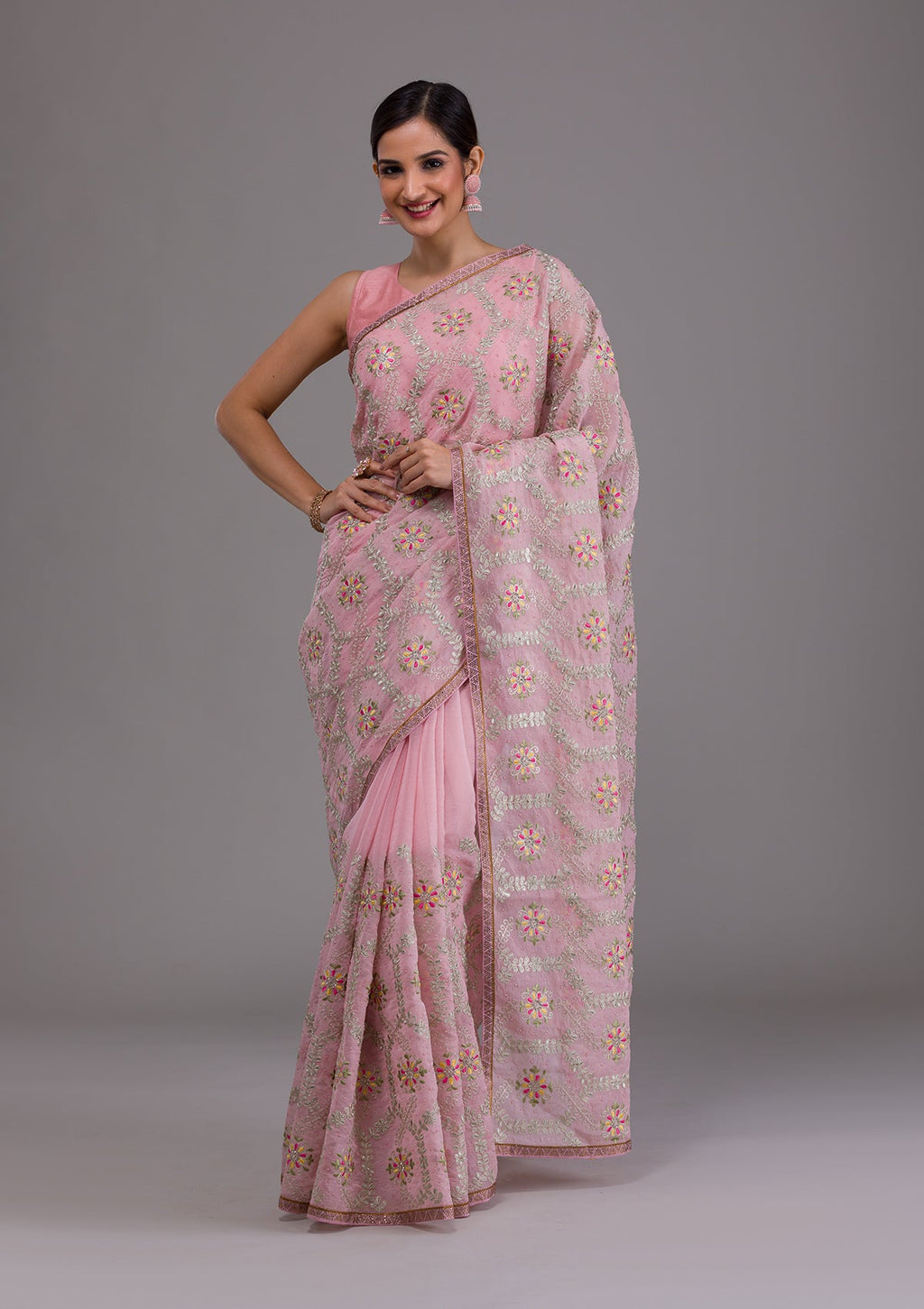 Pink Threadwork Georgette Designer Saree