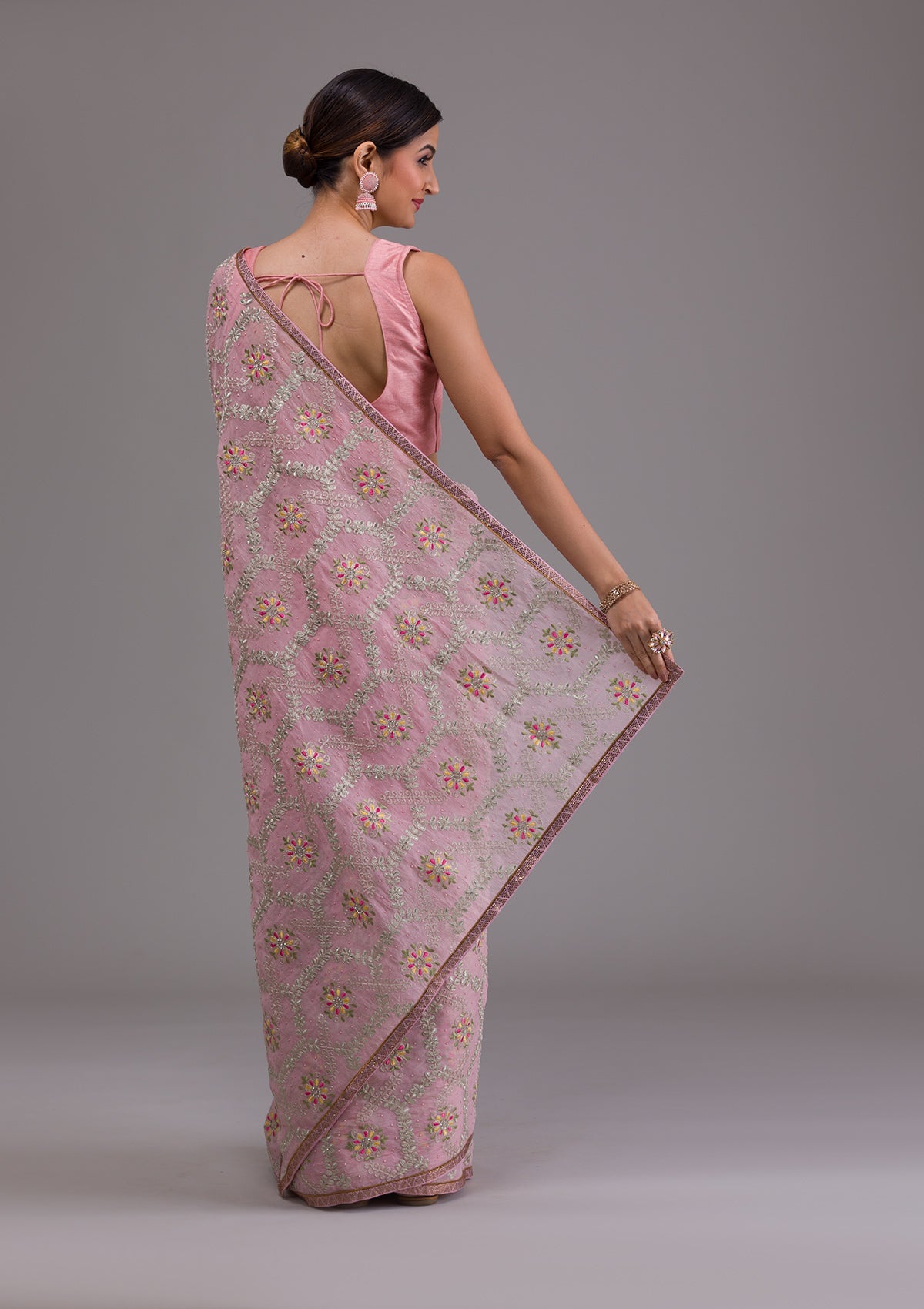 Pink Threadwork Georgette Designer Saree