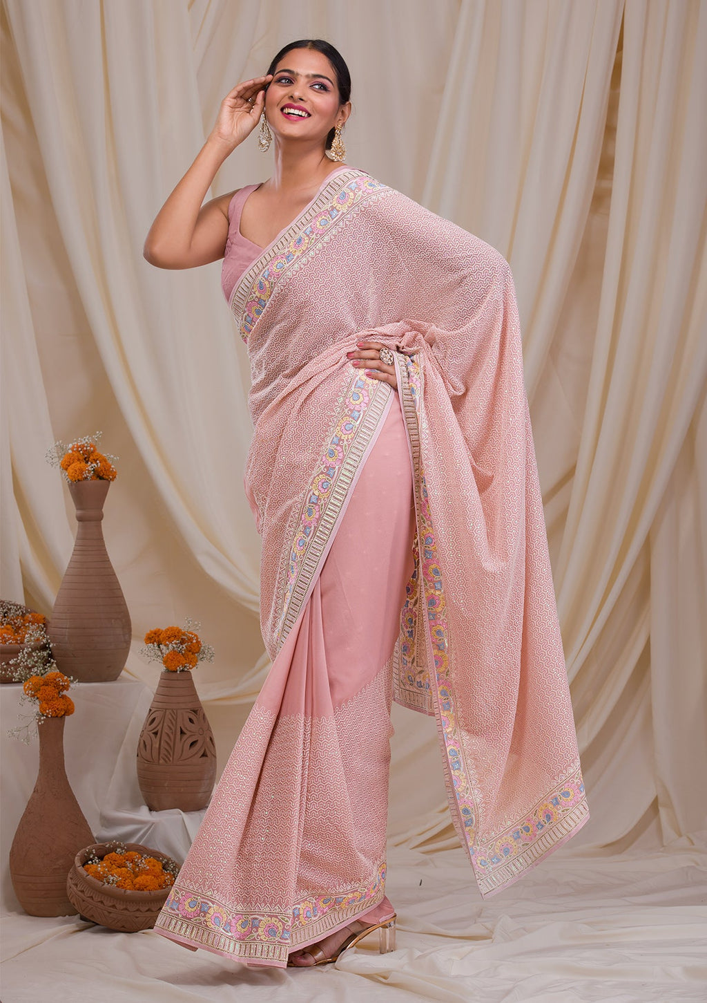 Pink Threadwork Georgette Saree