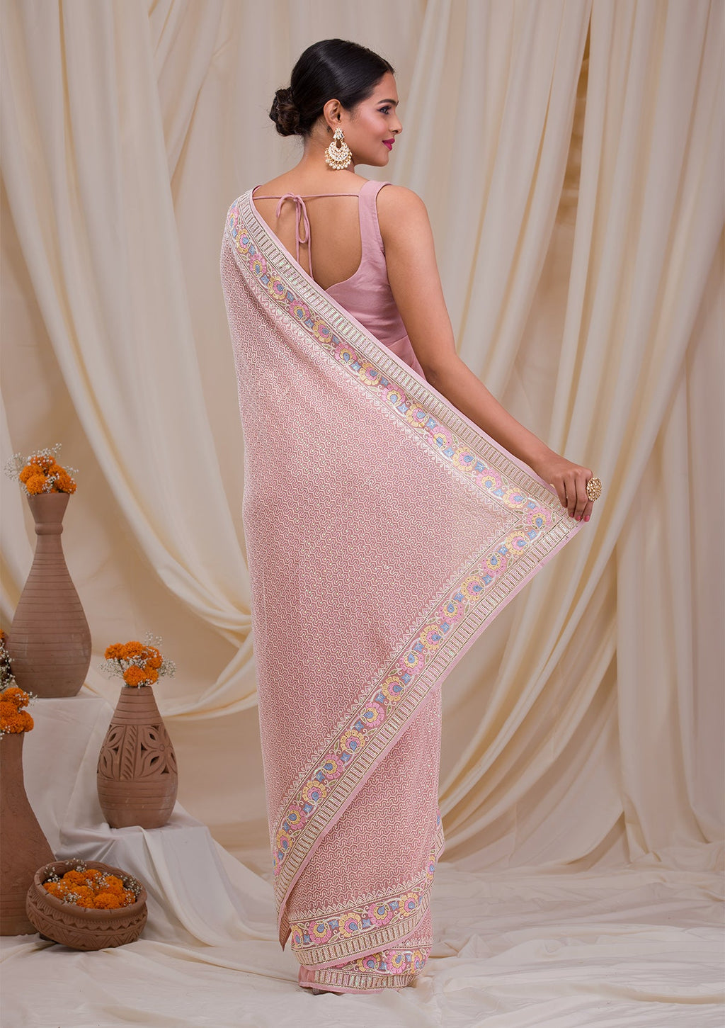 Pink Threadwork Georgette Saree