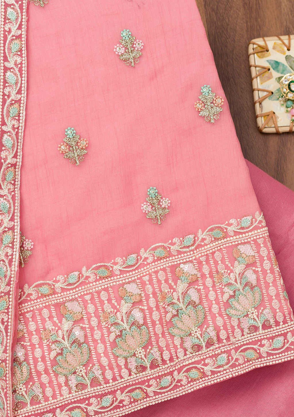 Pink Threadwork Organza Unstitched Salwar Suit