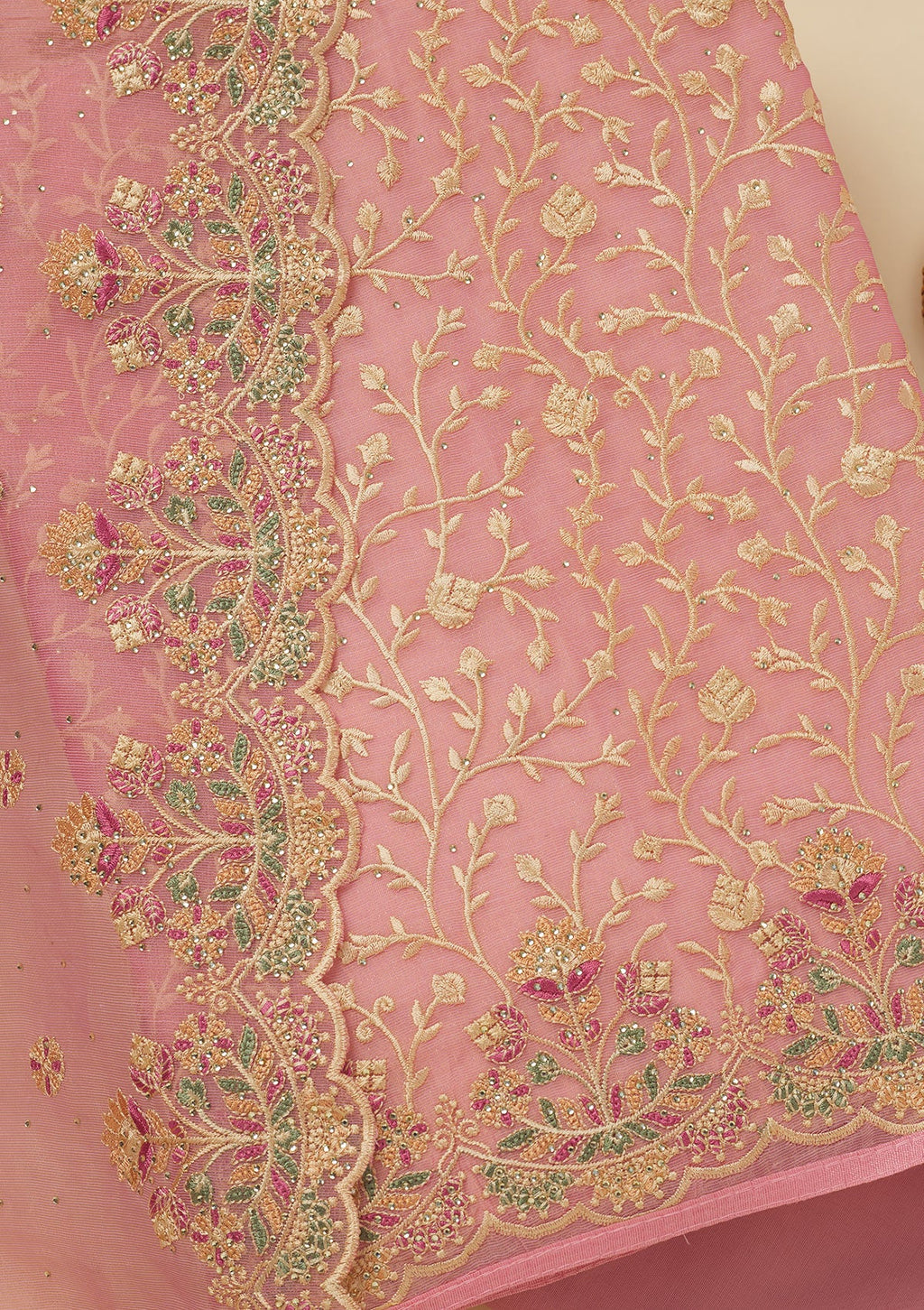 Pink Threadwork Organza Unstitched Salwar Suit