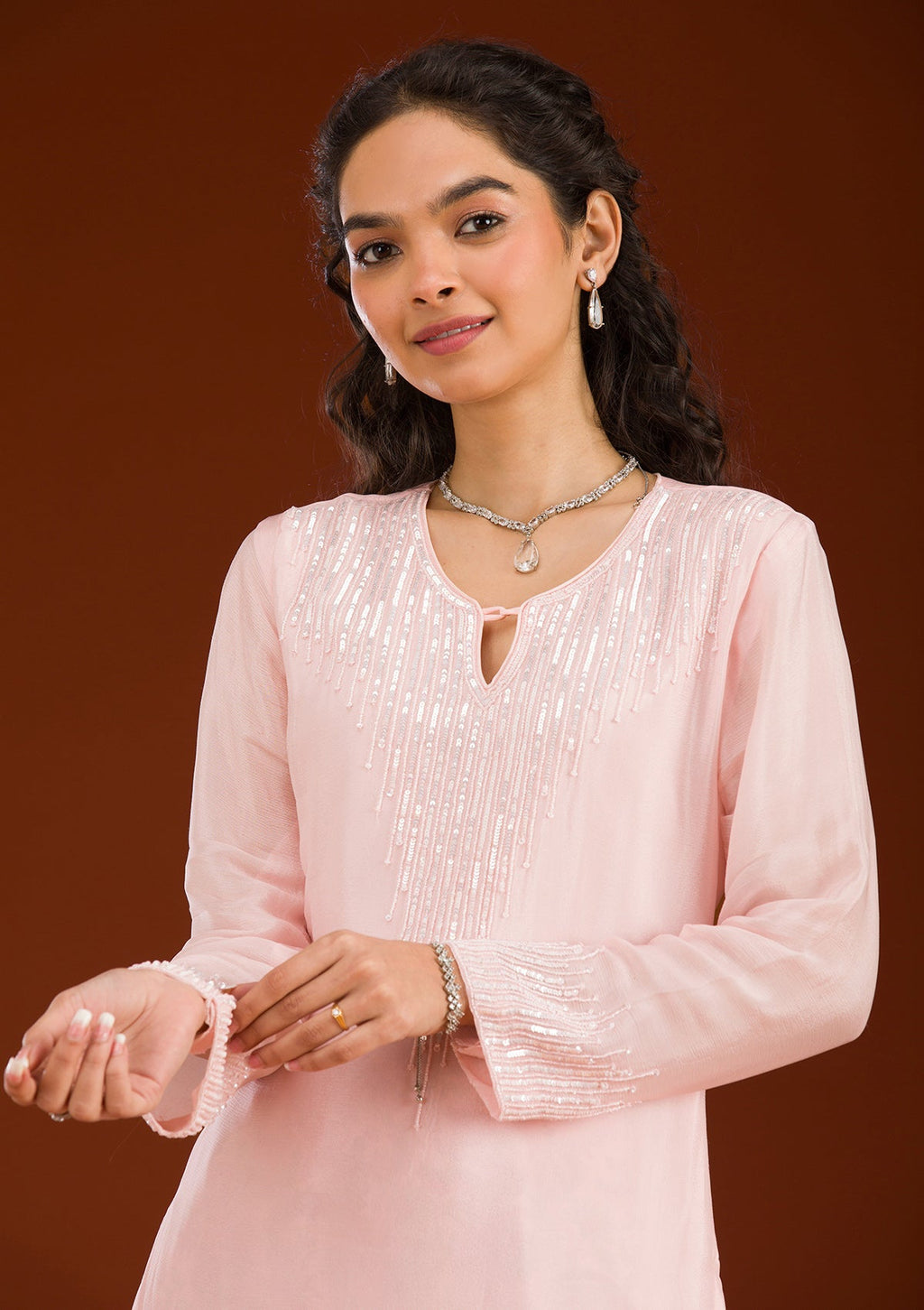 Pink Threadwork Semi Crepe Readymade Salwar Suit