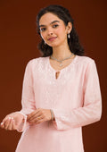 Pink Threadwork Semi Crepe Readymade Salwar Suit