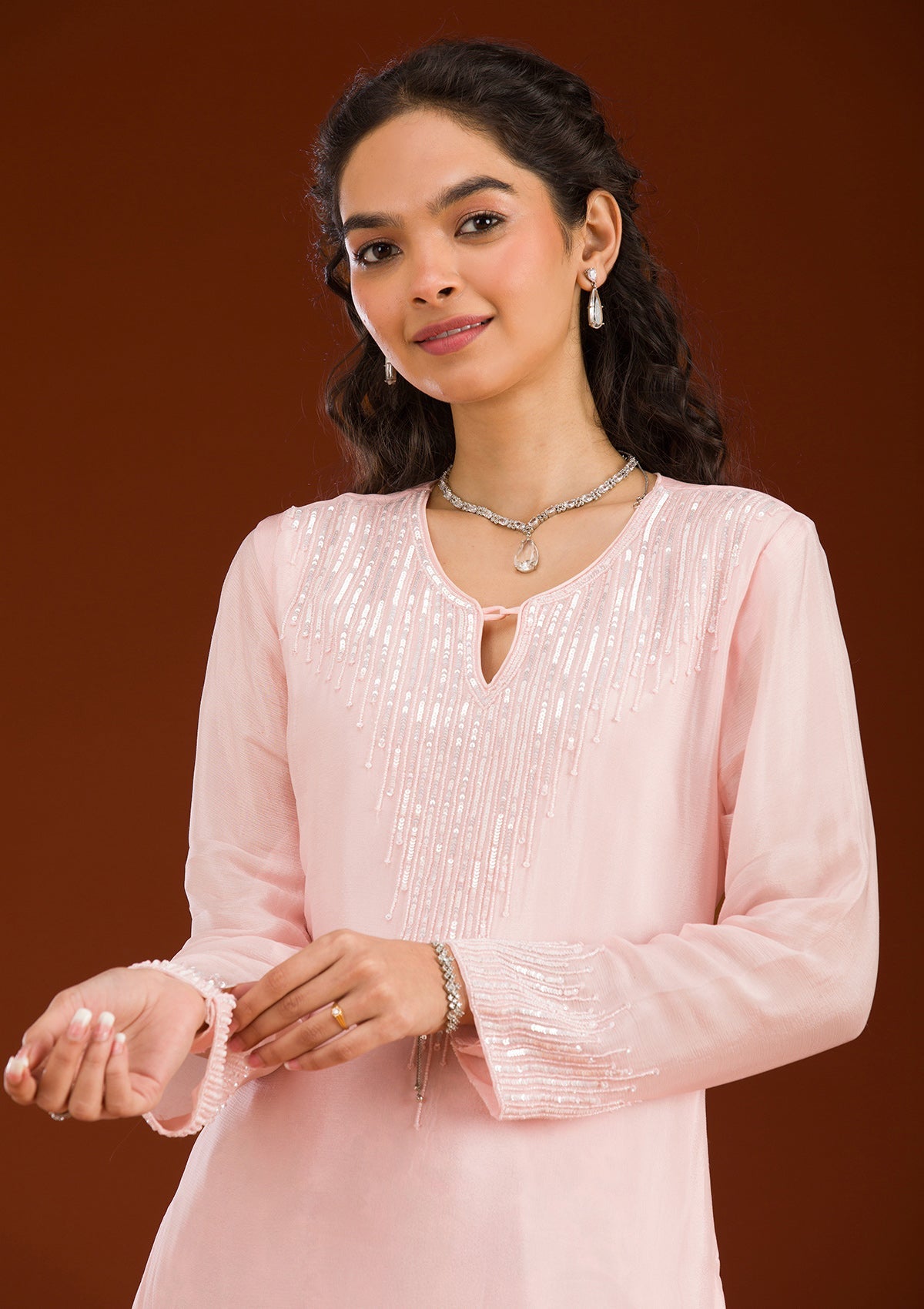 Pink Threadwork Semi Crepe Readymade Salwar Suit