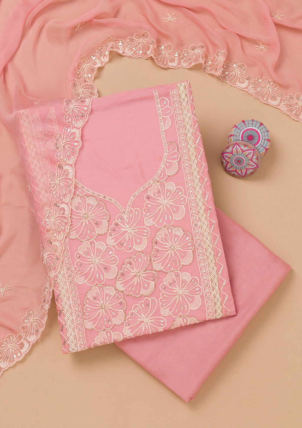 Pink Threadwork Semi Crepe Unstitched Salwar Suit