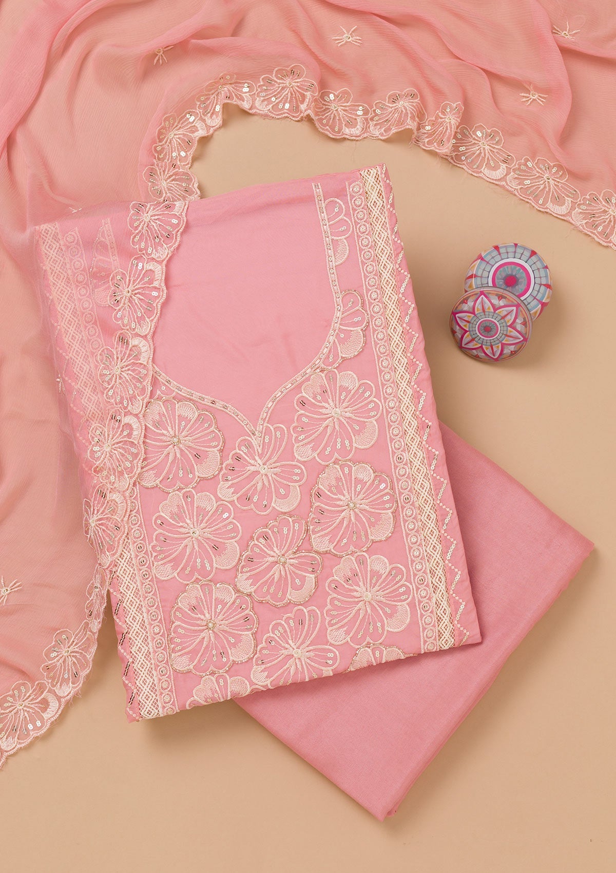 Pink Threadwork Semi Crepe Unstitched Salwar Suit