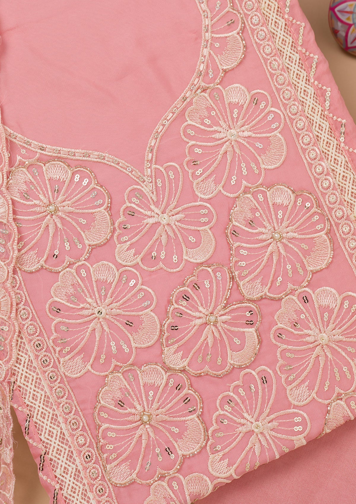 Pink Threadwork Semi Crepe Unstitched Salwar Suit