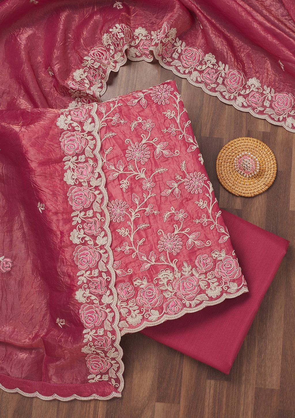 Pink Threadwork Semi Crepe Unstitched Salwar Suit
