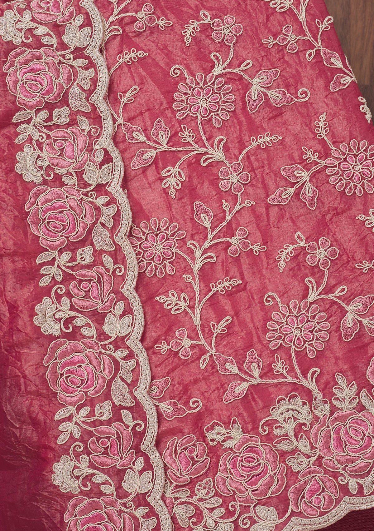 Pink Threadwork Semi Crepe Unstitched Salwar Suit