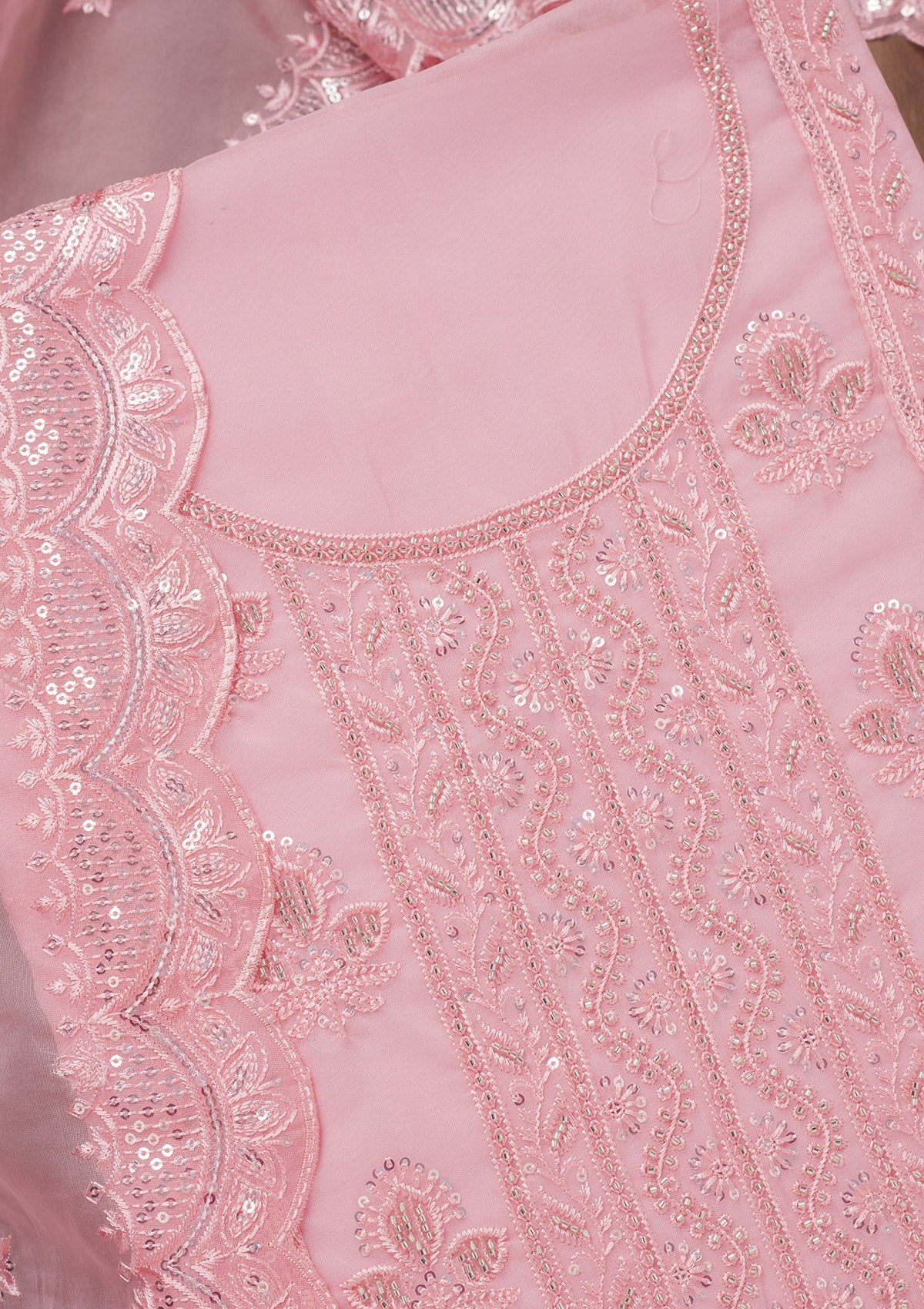 Pink Threadwork Semi Crepe Unstitched Salwar Suit