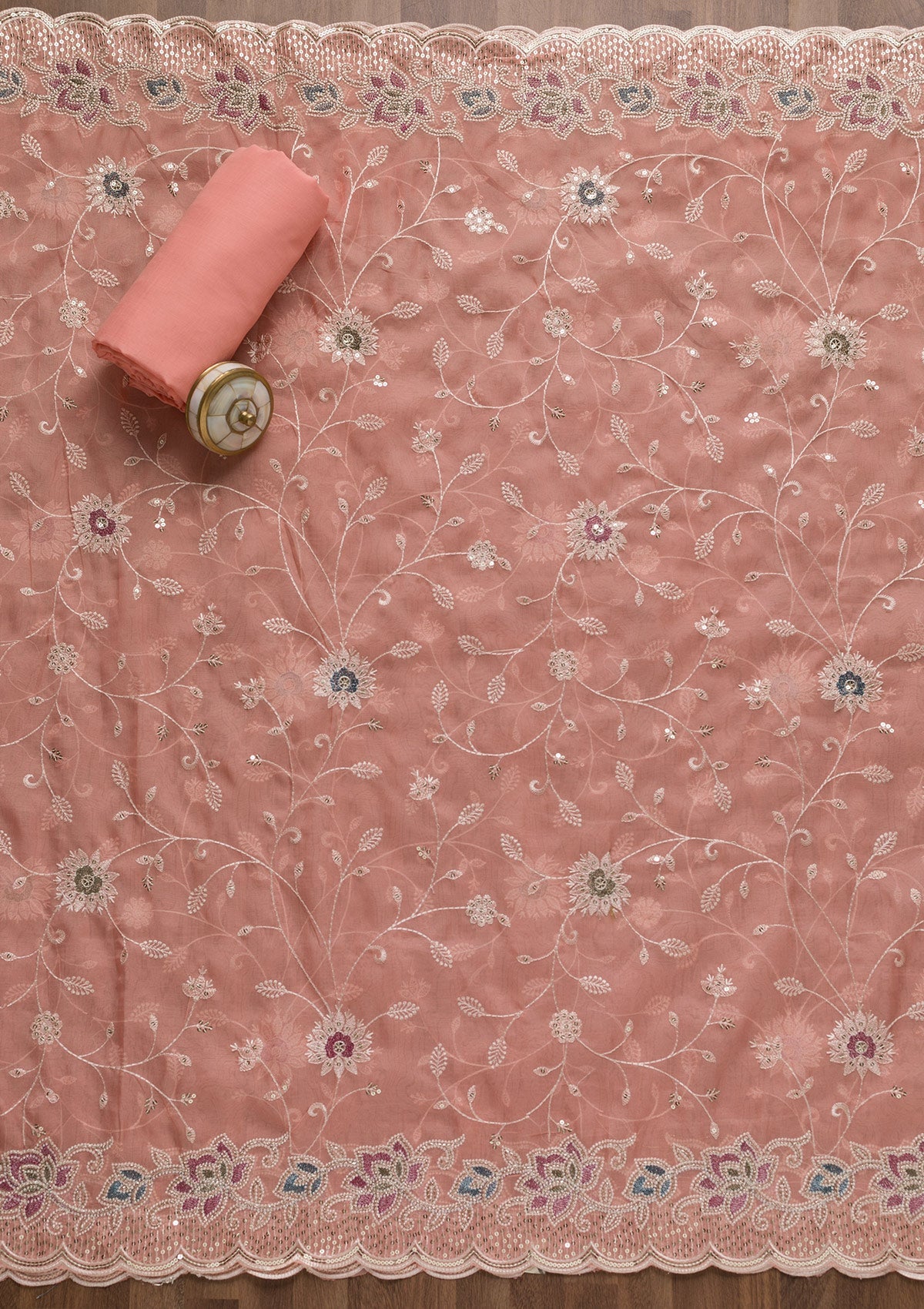 Peach Threadwork Tissue Unstitched Salwar Suit
