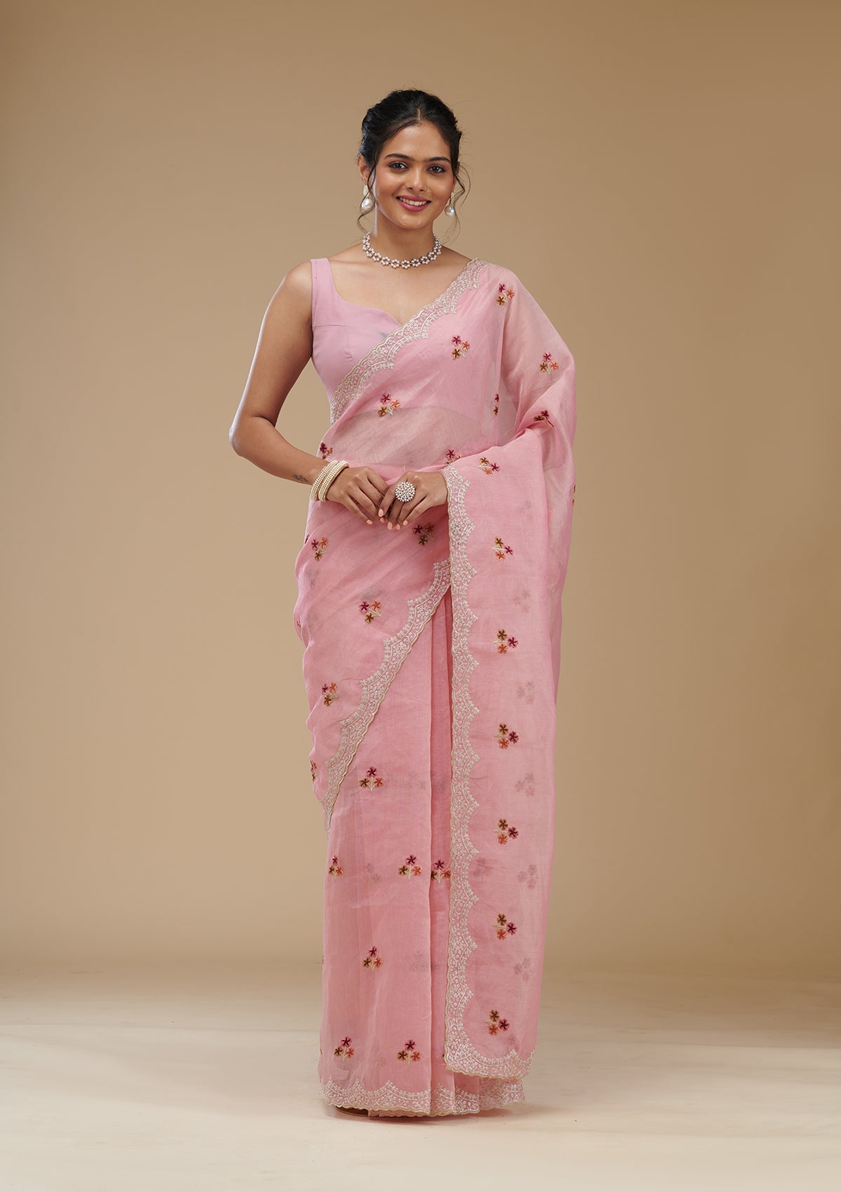 Pink Threadwork Tissue Saree