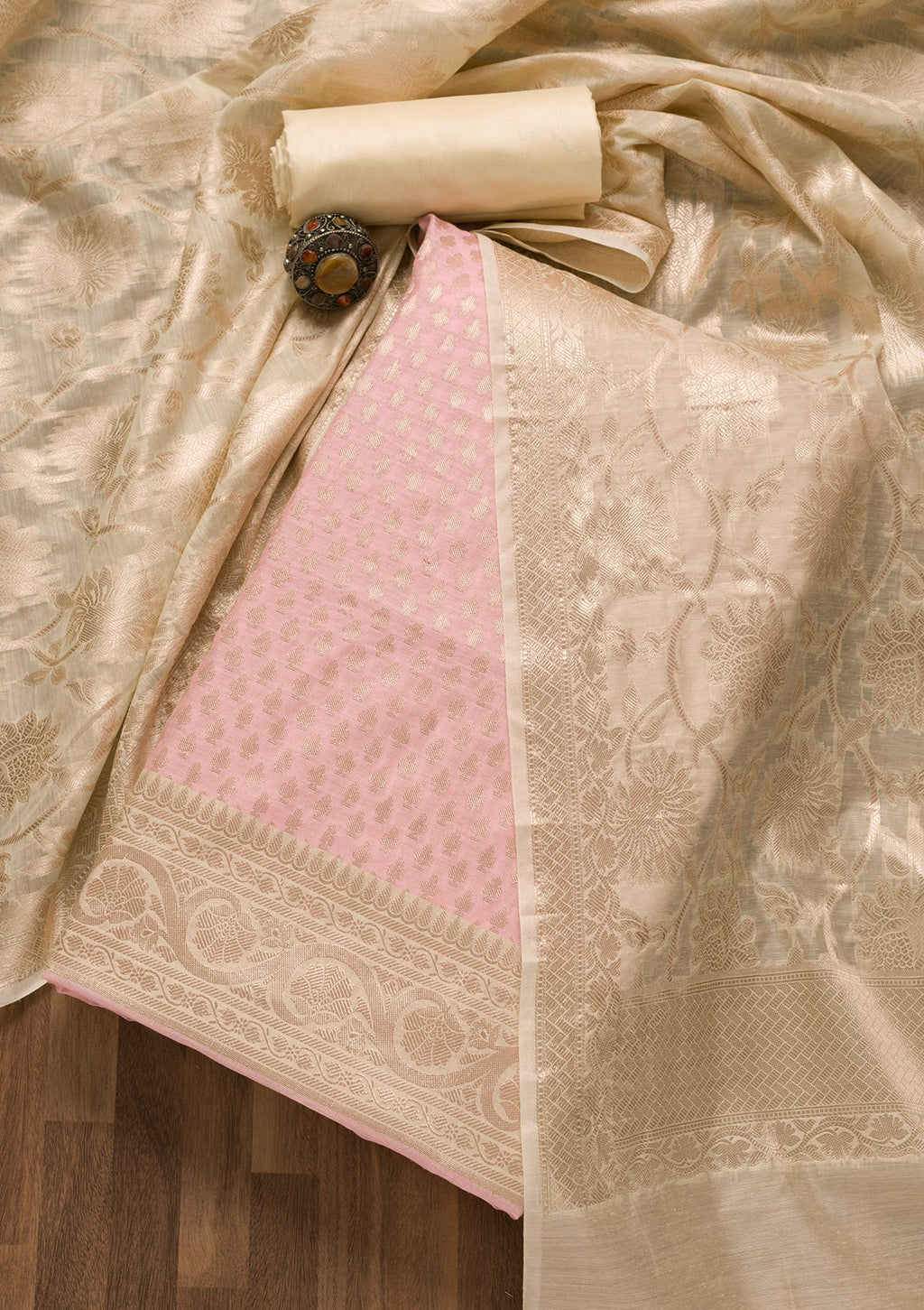 Pink Zariwork Banarasi Unstitched Salwar Suit