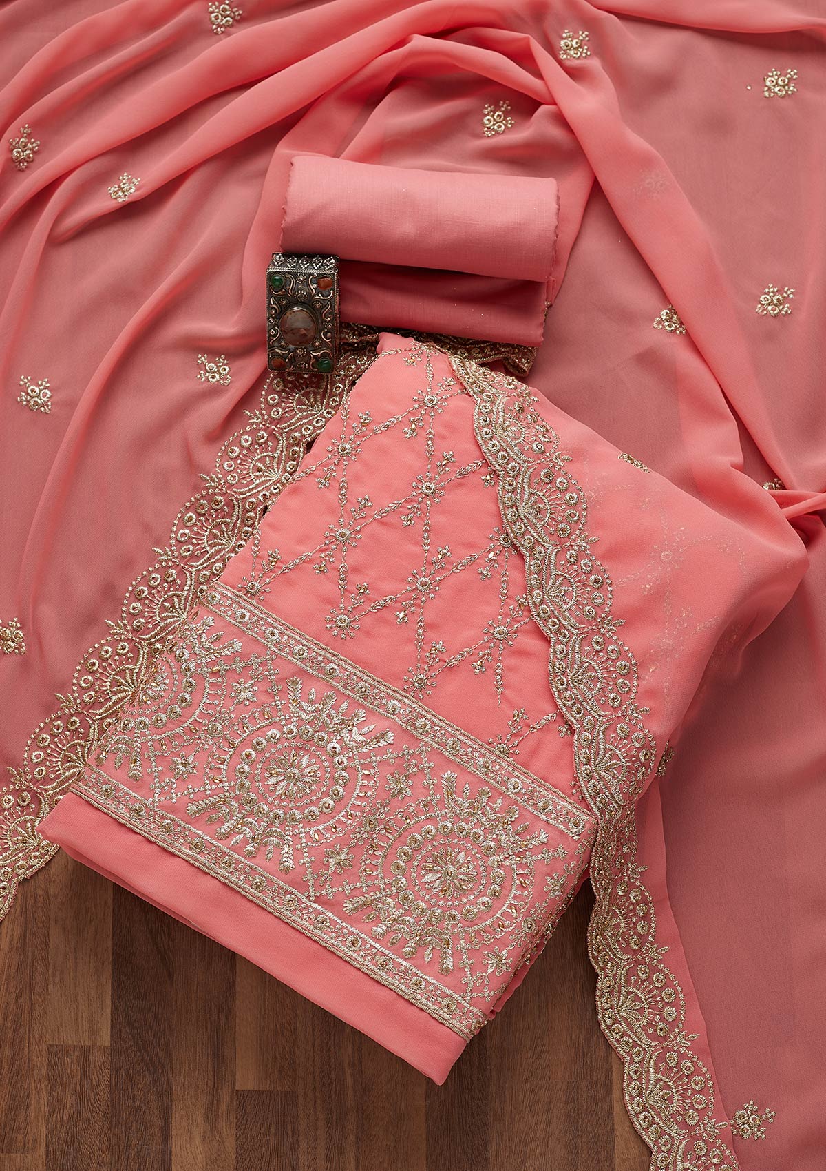 Pink Zariwork Georgette Unstitched Salwar Suit