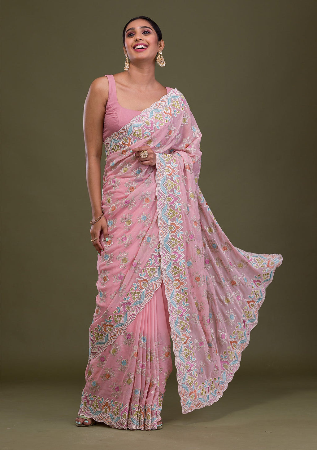 Pink Zariwork Georgette Saree